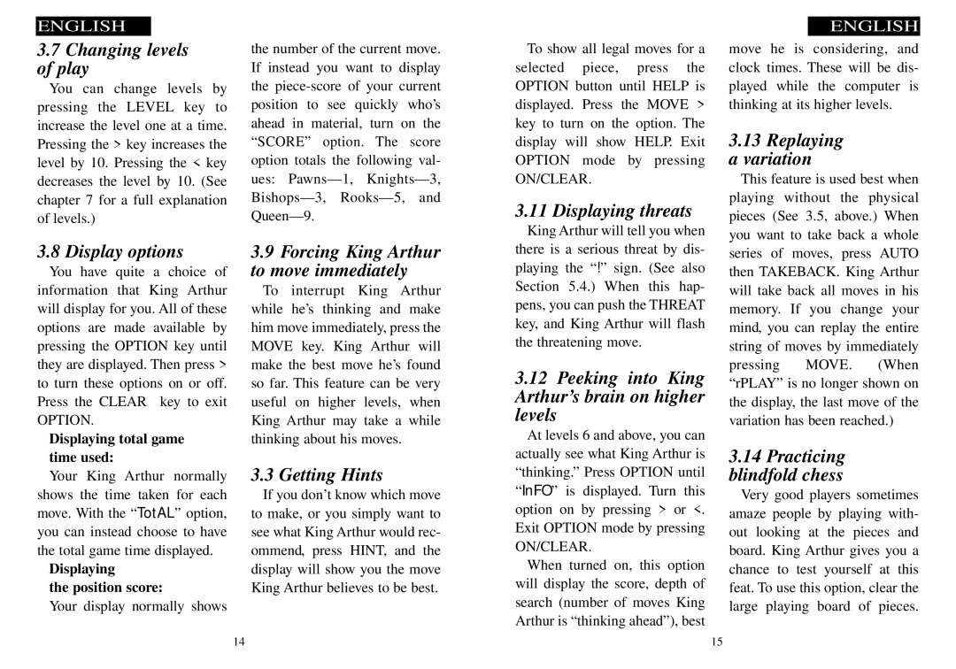 Excalibur electronic 915-3 manual Changing levels of play, Displaying threats, Replaying Variation, Display options 