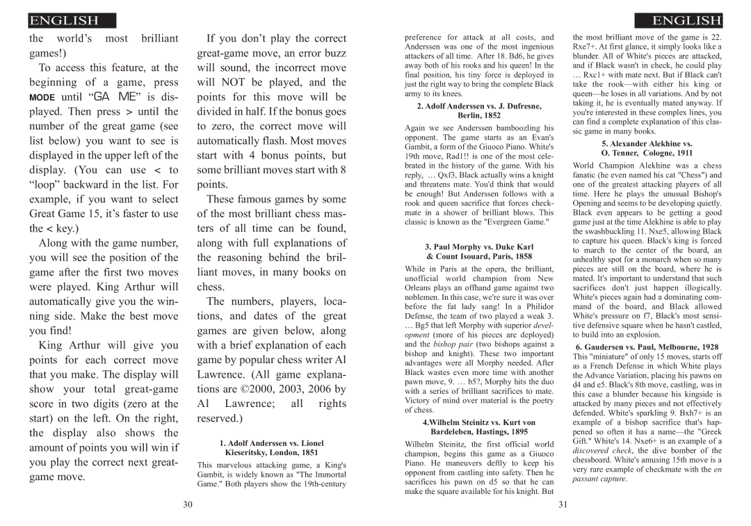 Excalibur electronic 915-W manual Adolf Anderssen vs. Lionel Kieseritsky, London 