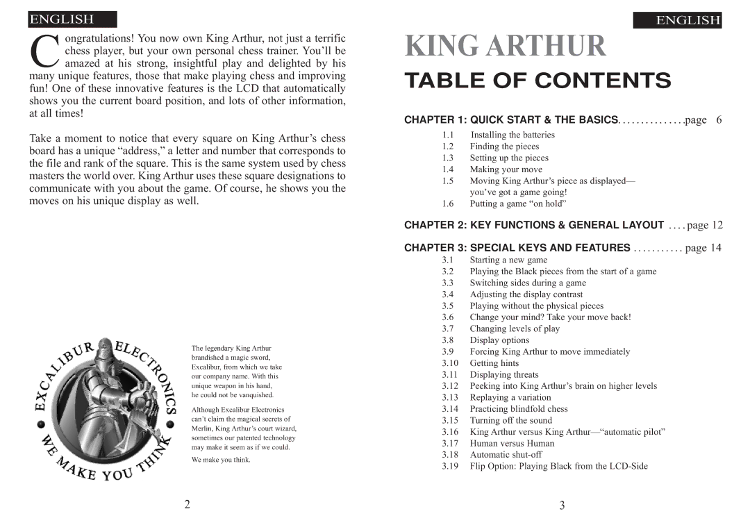 Excalibur electronic 915-W manual King Arthur, Table of Contents 