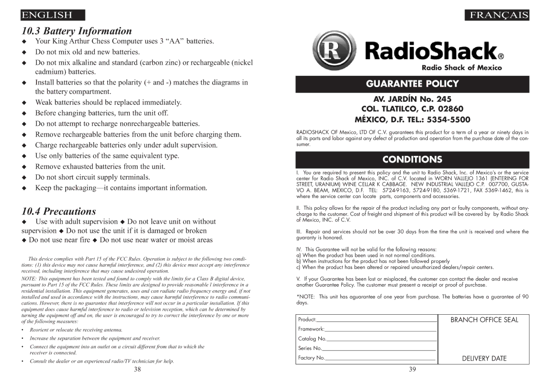 Excalibur electronic 915-W manual Battery Information 