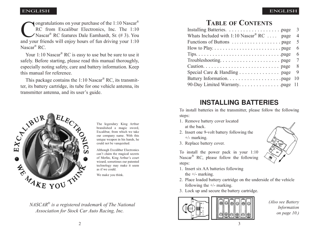 Excalibur electronic 9511-3 manual Installing Batteries 