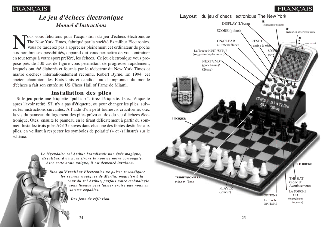 Excalibur electronic 974 manual Manuel d’Instructions, Layout du jeu déchecs électronique The New York 