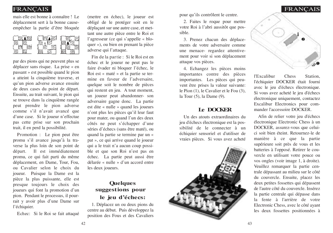 Excalibur electronic 974 manual Quelques suggestions pour Le jeu d’échecs, Le Docker 