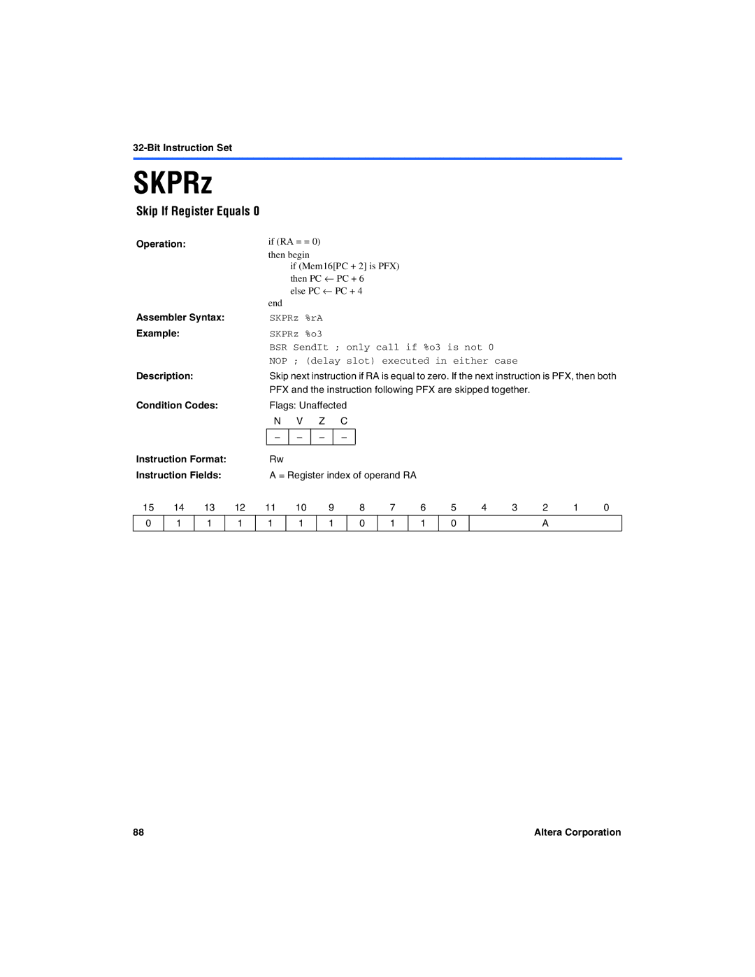 Excalibur electronic A-MNL-NIOSPROG-01.1 manual Skip If Register Equals, SKPRz %rA SKPRz %o3 