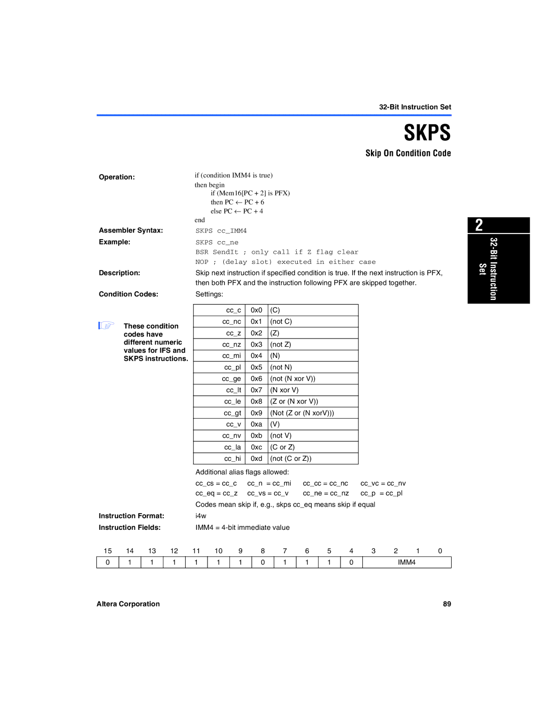 Excalibur electronic A-MNL-NIOSPROG-01.1 manual Skip On Condition Code, Skps ccIMM4 Skps ccne 