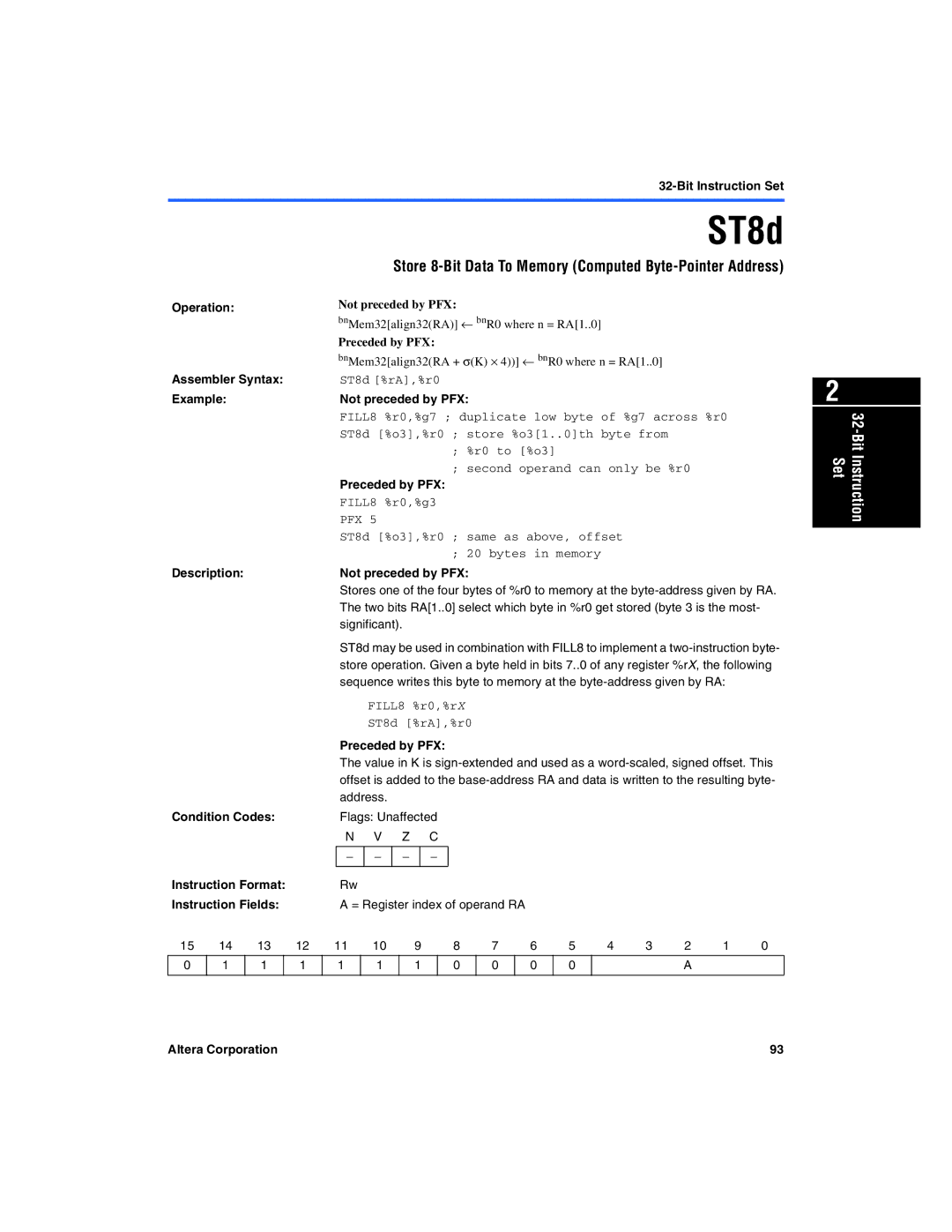 Excalibur electronic A-MNL-NIOSPROG-01.1 manual Store 8-Bit Data To Memory Computed Byte-Pointer Address, ST8d %rA,%r0 