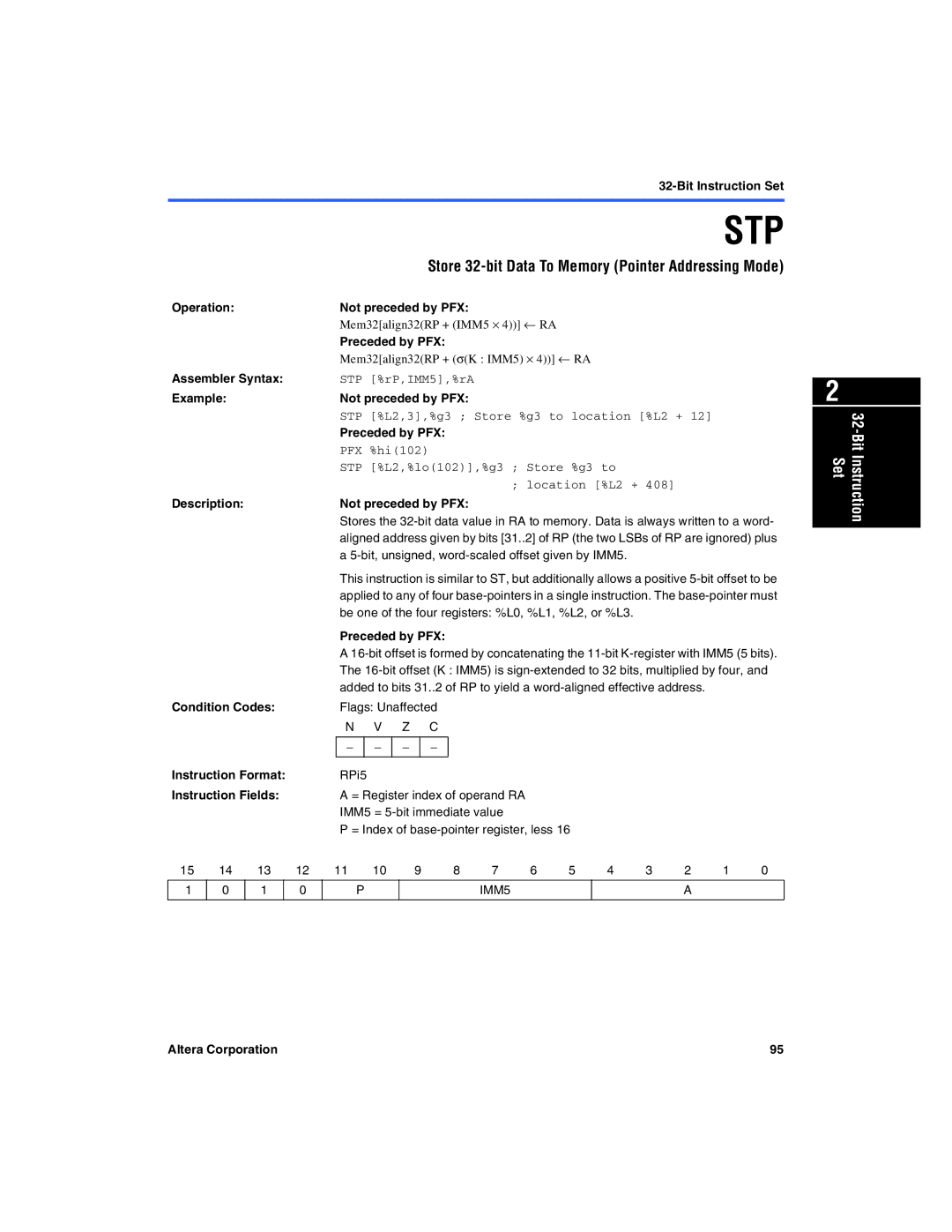 Excalibur electronic A-MNL-NIOSPROG-01.1 manual Stp, Store 32-bit Data To Memory Pointer Addressing Mode 