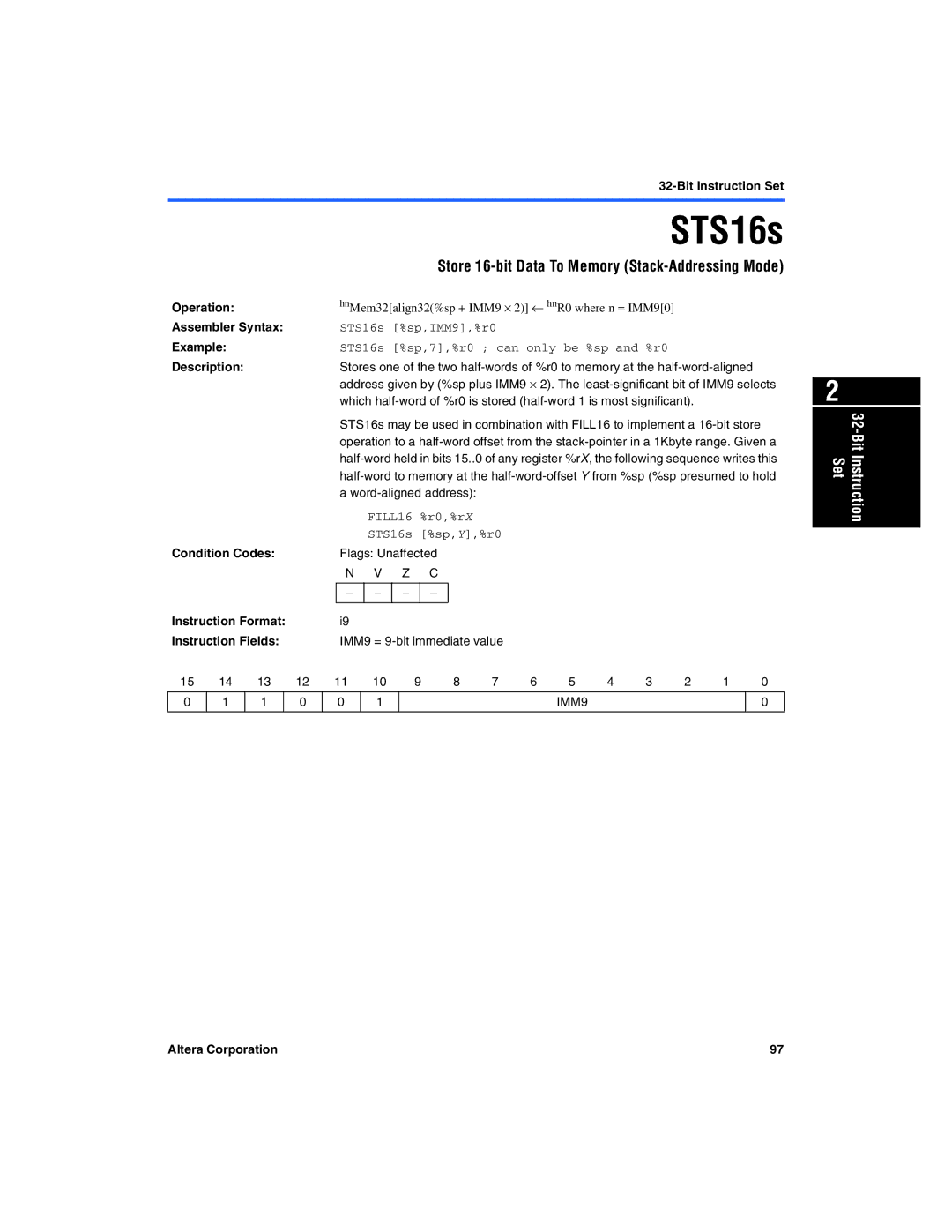 Excalibur electronic A-MNL-NIOSPROG-01.1 manual Store 16-bit Data To Memory Stack-Addressing Mode, STS16s %sp,IMM9,%r0 