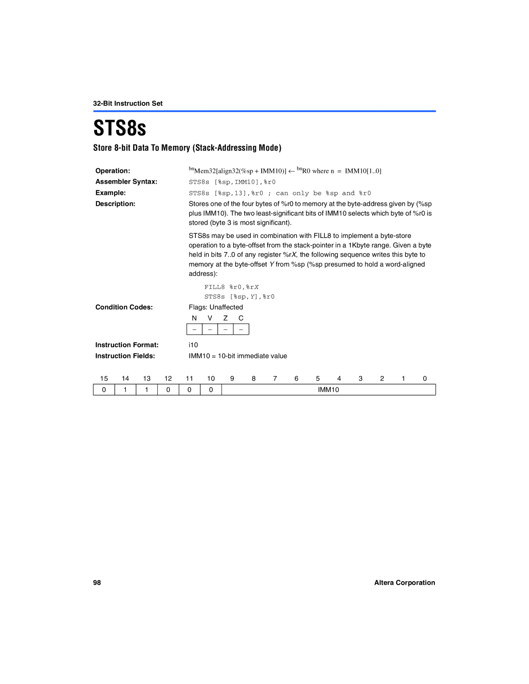 Excalibur electronic A-MNL-NIOSPROG-01.1 manual Store 8-bit Data To Memory Stack-Addressing Mode, STS8s %sp,IMM10,%r0 