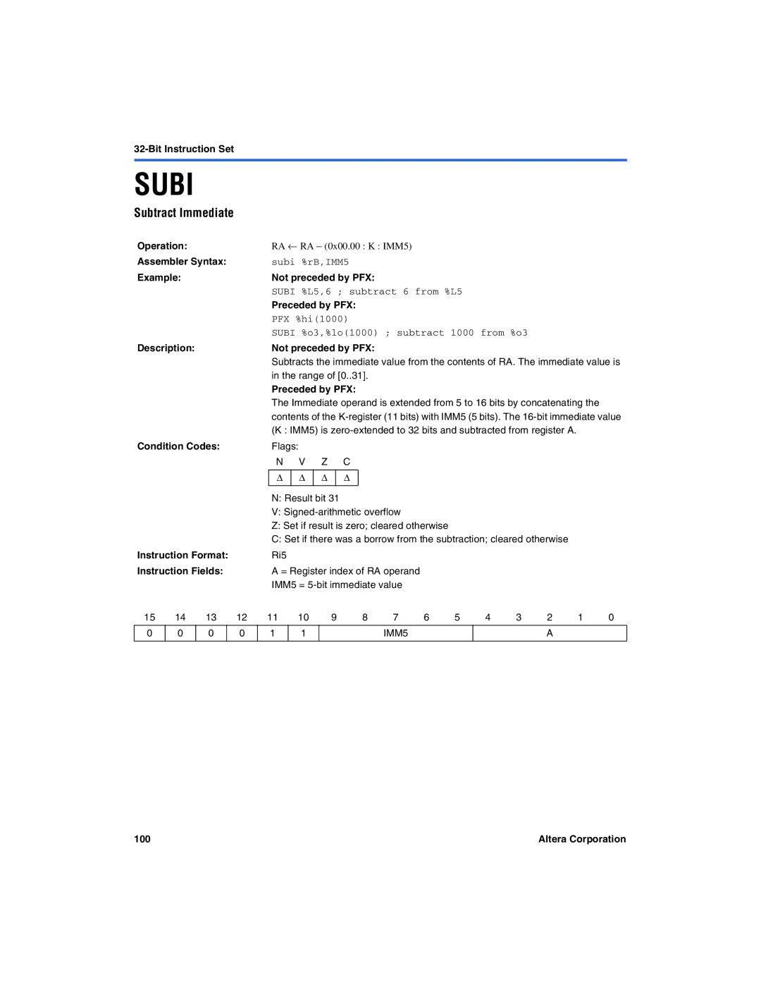 Excalibur electronic A-MNL-NIOSPROG-01.1 manual Subtract Immediate, Subi %rB,IMM5 