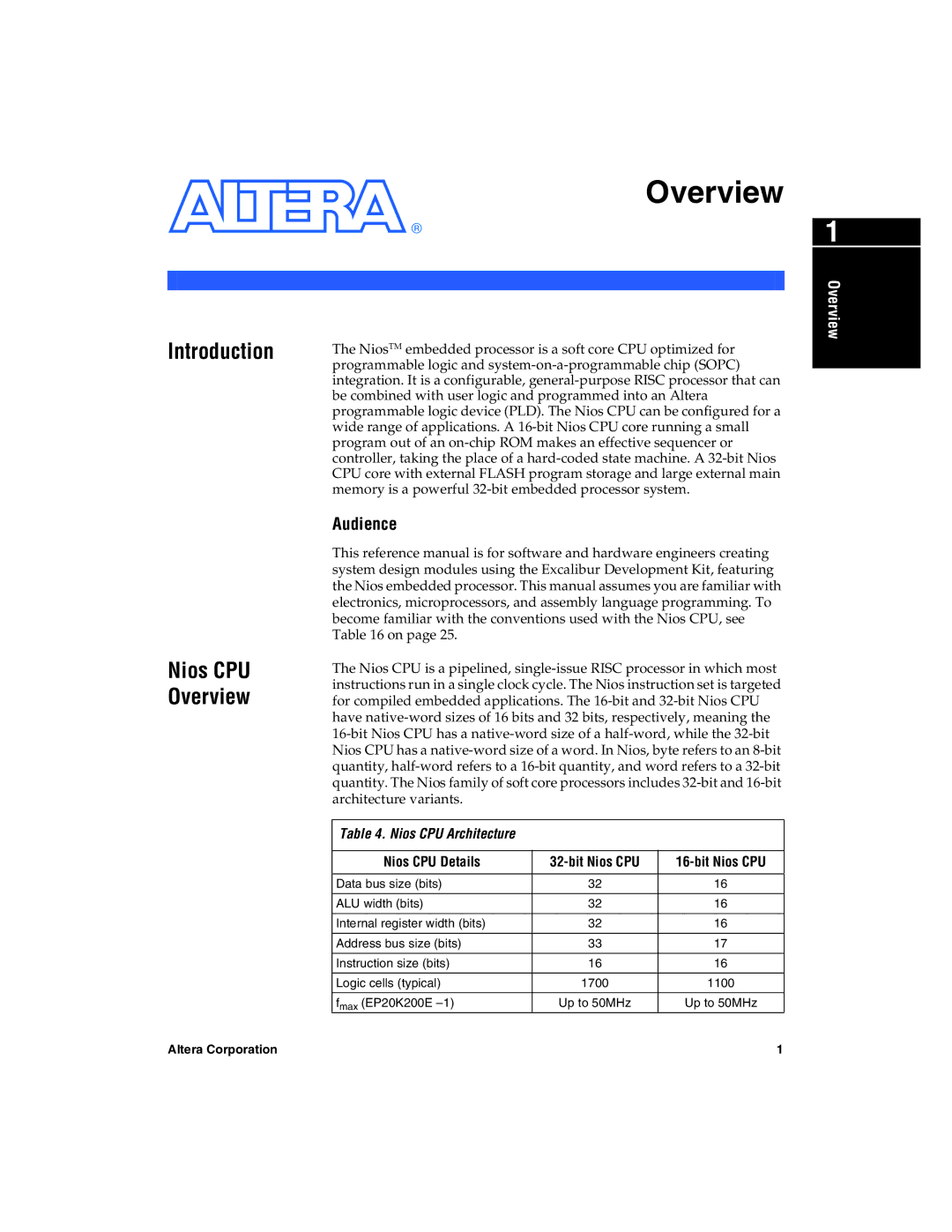 Excalibur electronic A-MNL-NIOSPROG-01.1 manual Audience, Nios CPU Architecture, Nios CPU Details Bit Nios CPU 