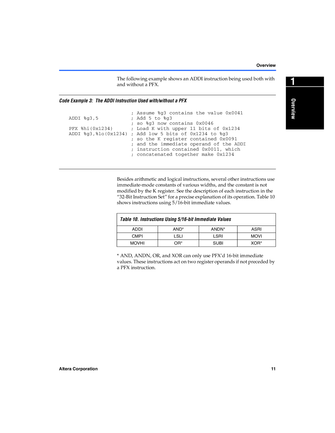 Excalibur electronic A-MNL-NIOSPROG-01.1 manual Code Example 3 The Addi Instruction Used with/without a PFX 