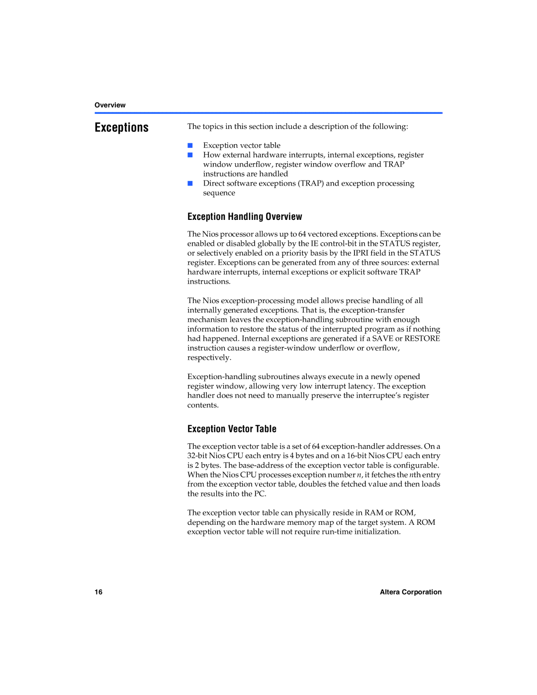 Excalibur electronic A-MNL-NIOSPROG-01.1 manual Exception Handling Overview, Exception Vector Table 