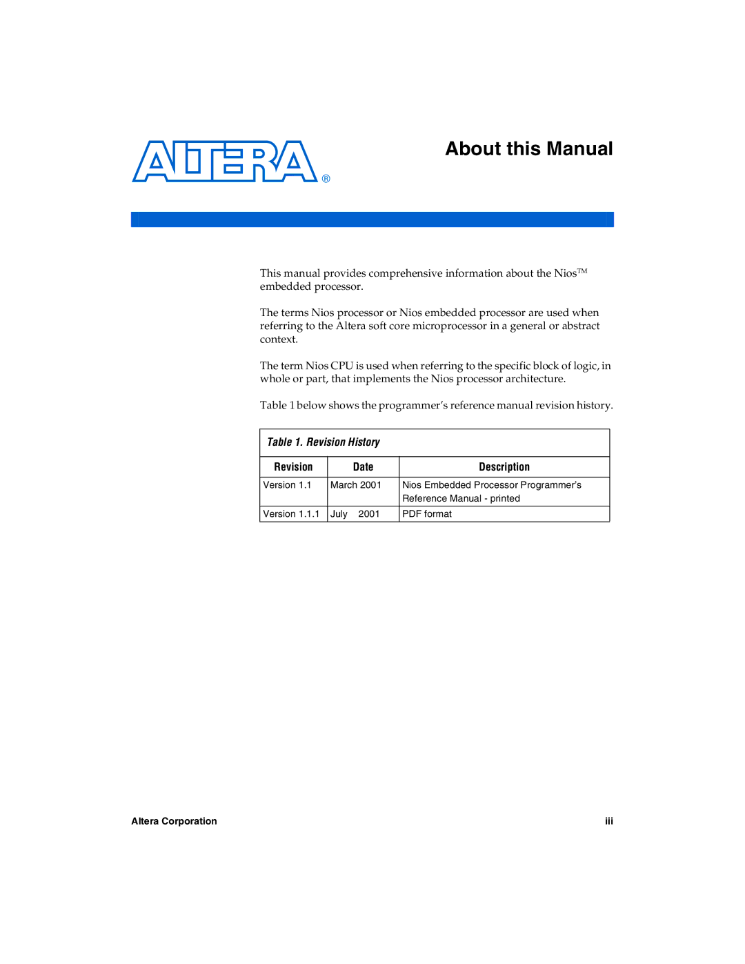 Excalibur electronic A-MNL-NIOSPROG-01.1 manual Revision History, Revision Date Description 