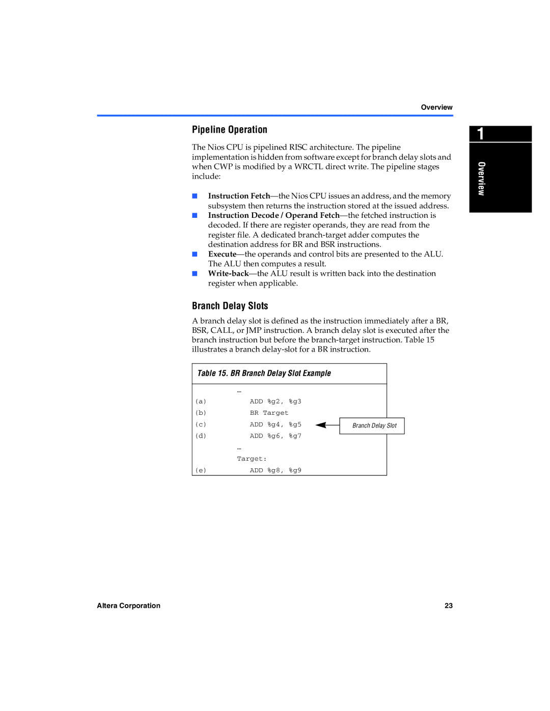 Excalibur electronic A-MNL-NIOSPROG-01.1 manual Pipeline Operation, Branch Delay Slots, BR Branch Delay Slot Example 