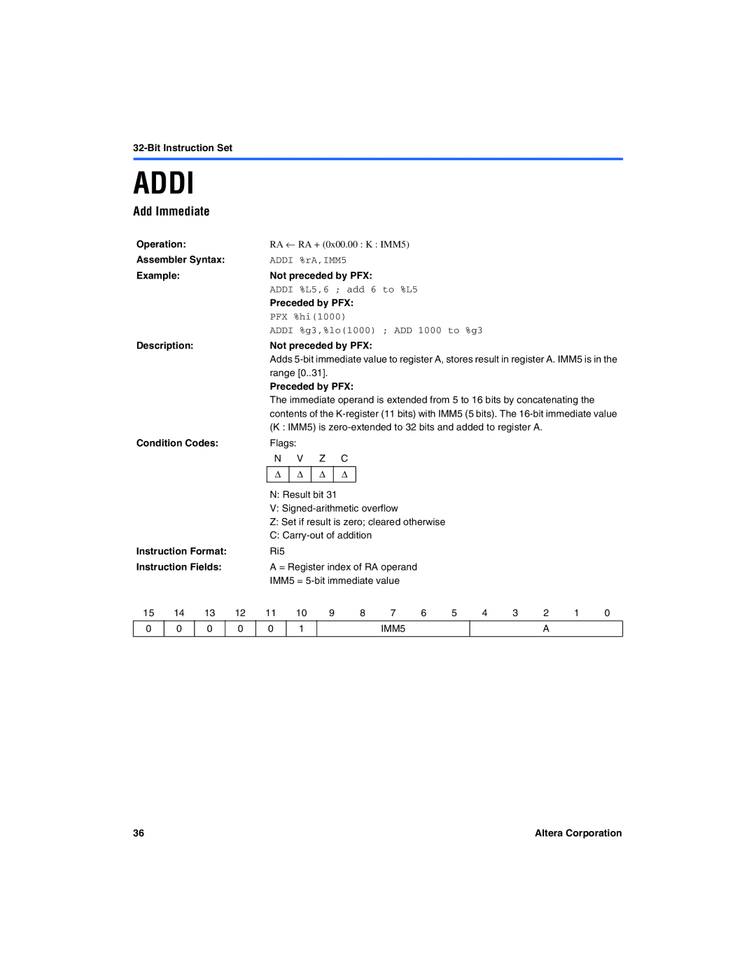 Excalibur electronic A-MNL-NIOSPROG-01.1 manual Addi, Add Immediate 