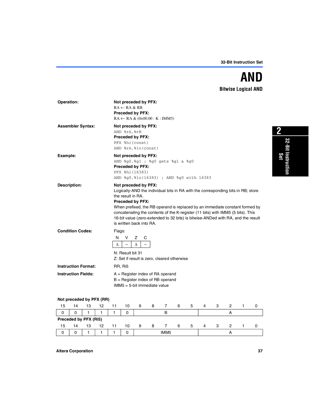 Excalibur electronic A-MNL-NIOSPROG-01.1 manual Bitwise Logical, rA,%rB, PFX %hiconst, PFX %hi16383 