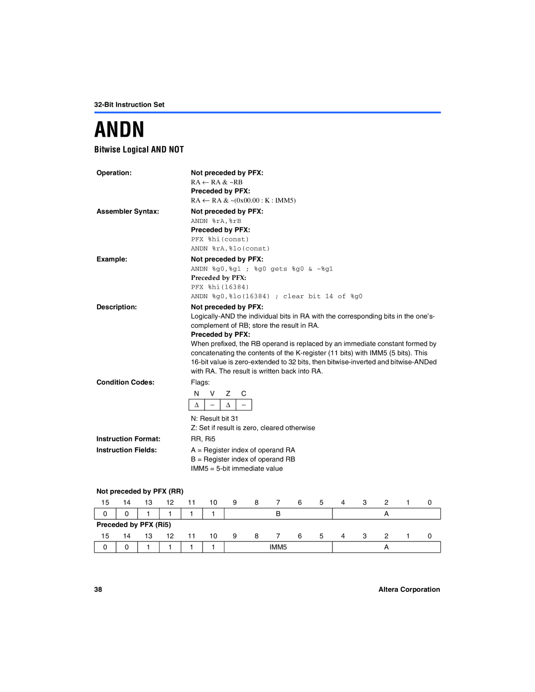 Excalibur electronic A-MNL-NIOSPROG-01.1 manual Bitwise Logical and not, PFX %hiconst Andn %rA,%loconst, PFX %hi16384 