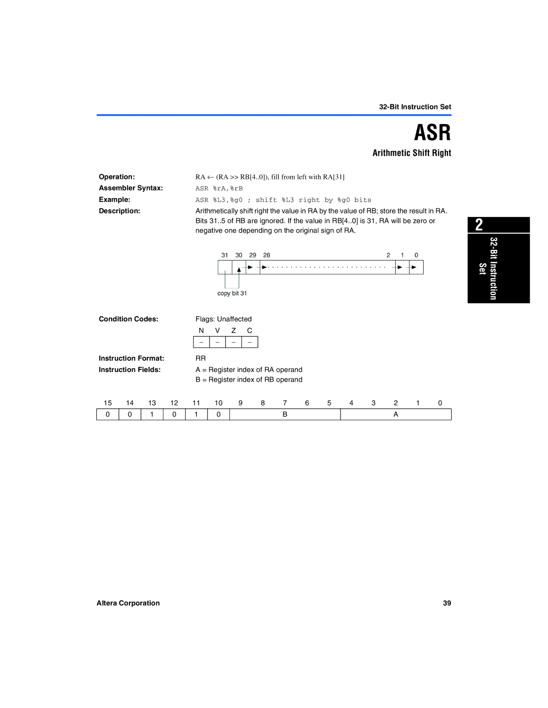 Excalibur electronic A-MNL-NIOSPROG-01.1 manual Asr, Arithmetic Shift Right 