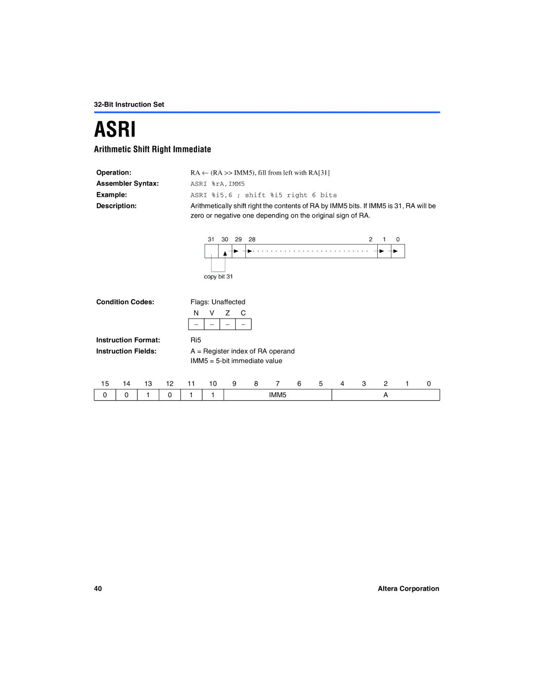 Excalibur electronic A-MNL-NIOSPROG-01.1 manual Asri, Arithmetic Shift Right Immediate 