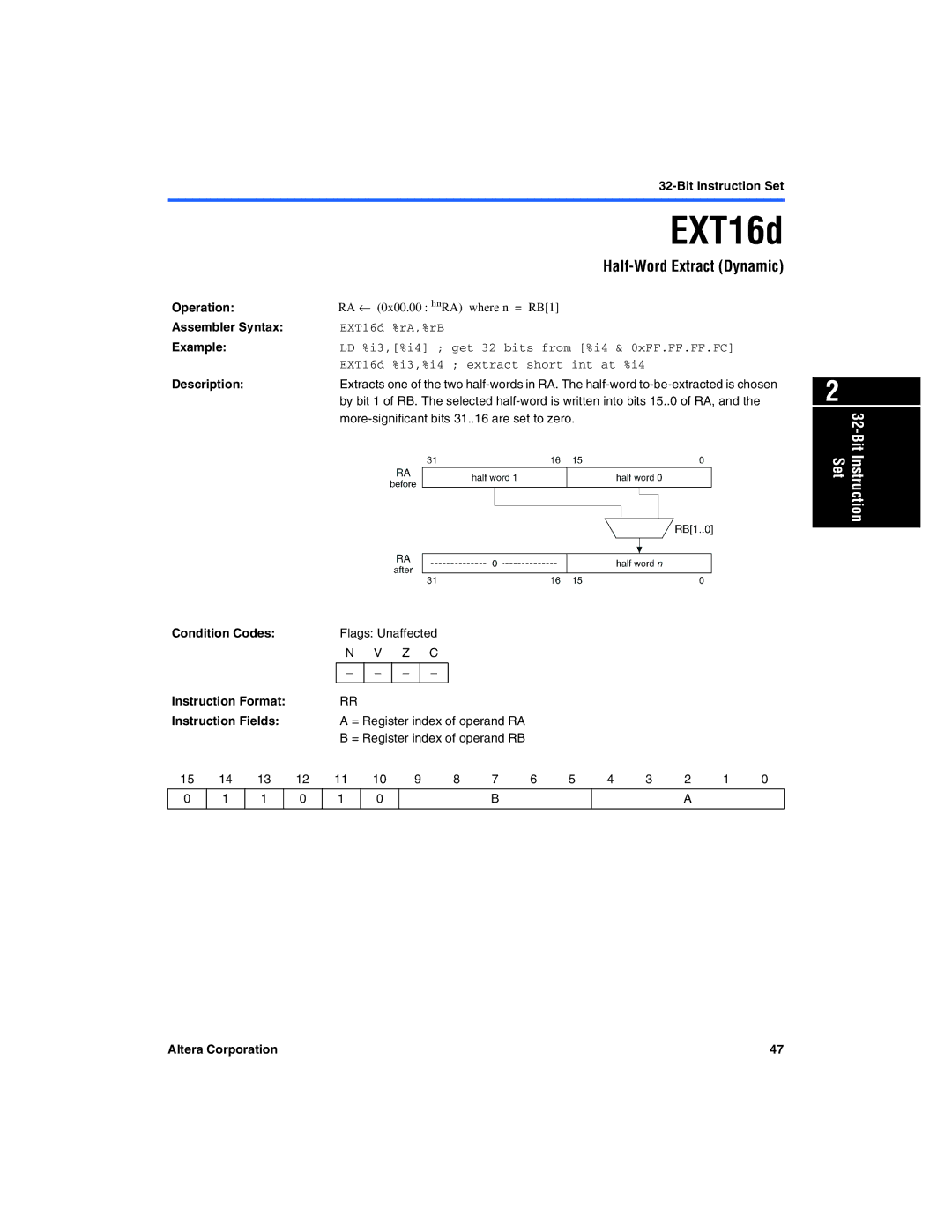 Excalibur electronic A-MNL-NIOSPROG-01.1 manual Half-Word Extract Dynamic, EXT16d %rA,%rB 