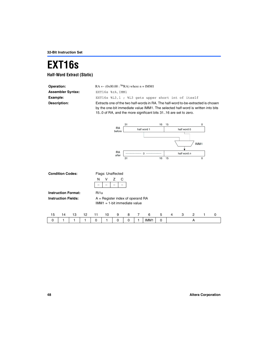 Excalibur electronic A-MNL-NIOSPROG-01.1 manual Half-Word Extract Static, EXT16s %rA,IMM1 