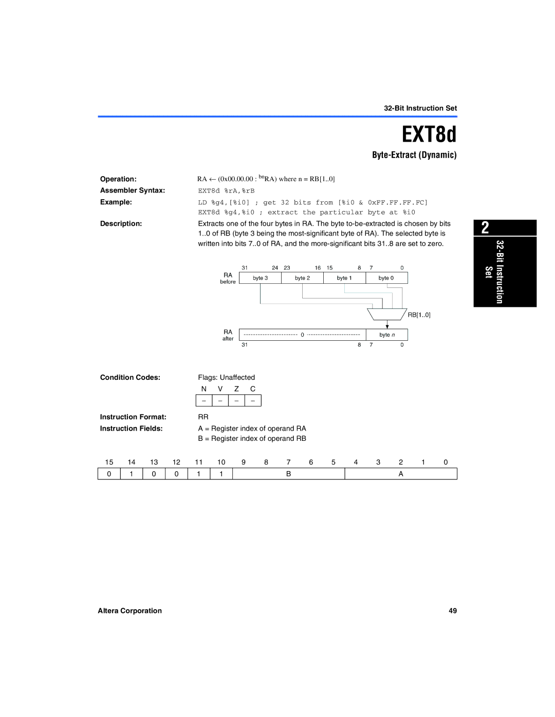 Excalibur electronic A-MNL-NIOSPROG-01.1 manual Byte-Extract Dynamic, EXT8d %rA,%rB 