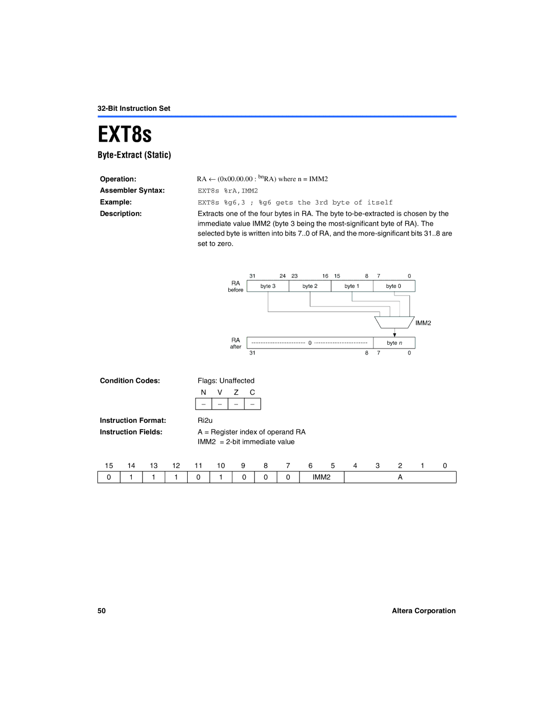 Excalibur electronic A-MNL-NIOSPROG-01.1 manual Byte-Extract Static, EXT8s %rA,IMM2 