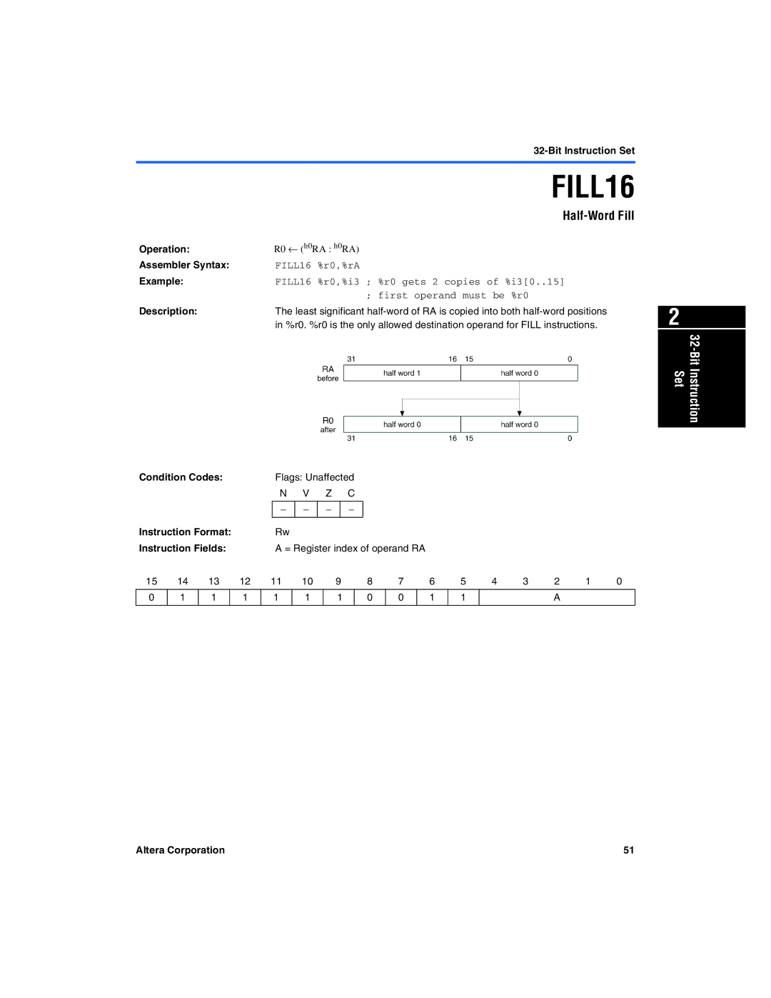 Excalibur electronic A-MNL-NIOSPROG-01.1 Half-Word Fill, FILL16 %r0,%rA, FILL16 %r0,%i3 %r0 gets 2 copies of %i30..15 