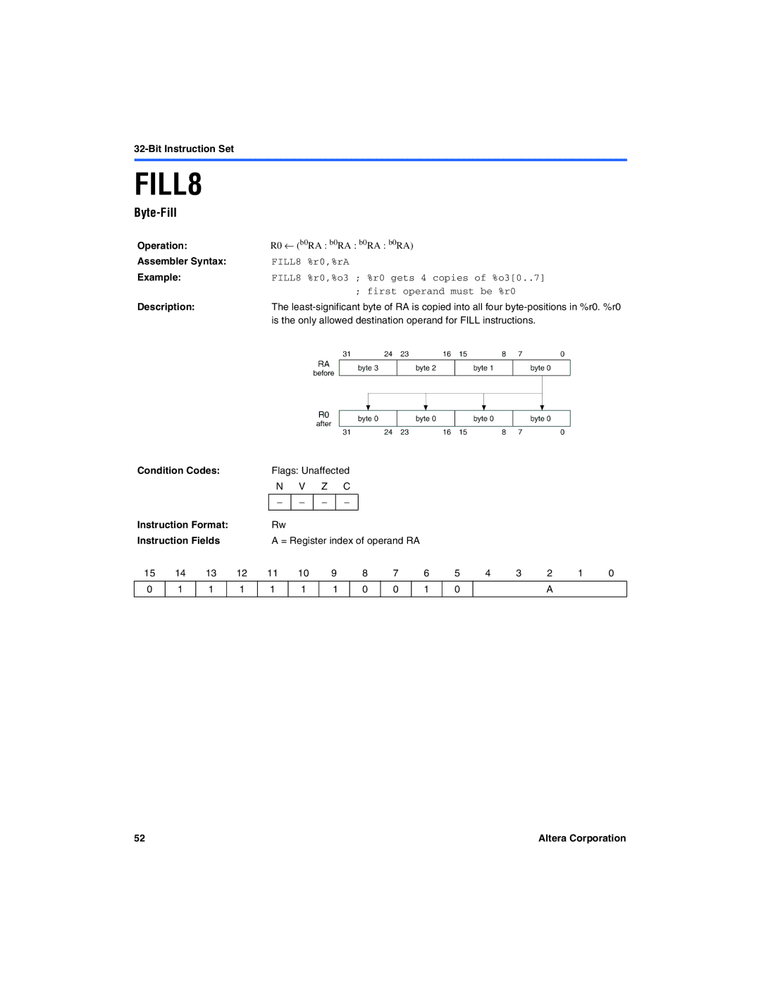 Excalibur electronic A-MNL-NIOSPROG-01.1 manual Byte-Fill, FILL8 %r0,%rA, FILL8 %r0,%o3 %r0 gets 4 copies of %o30..7 