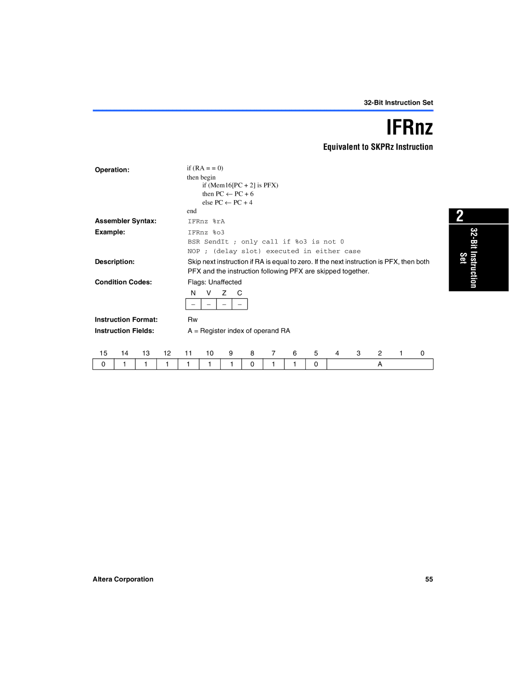 Excalibur electronic A-MNL-NIOSPROG-01.1 manual Equivalent to SKPRz Instruction, IFRnz %rA IFRnz %o3 