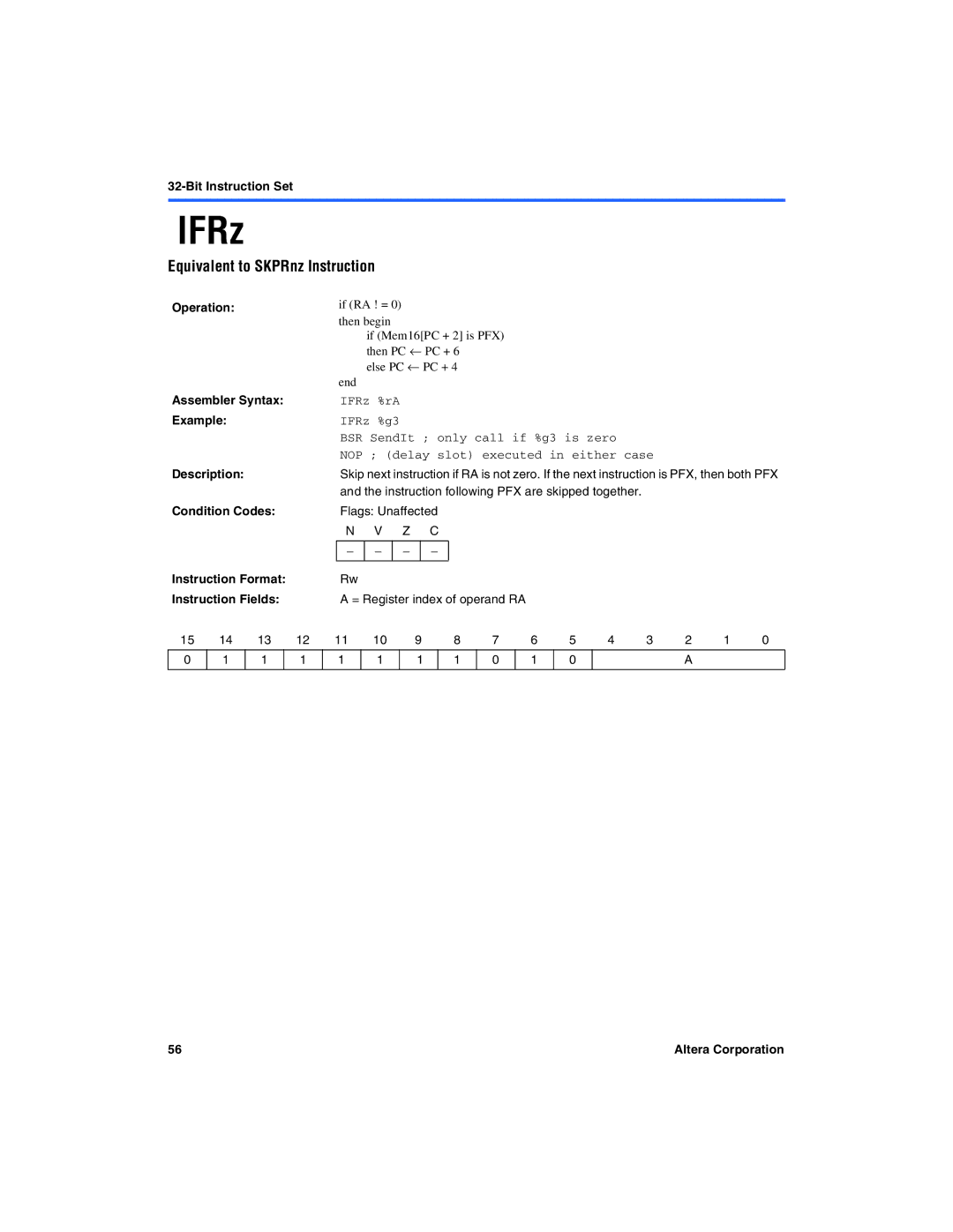 Excalibur electronic A-MNL-NIOSPROG-01.1 manual IFRz, Equivalent to SKPRnz Instruction 