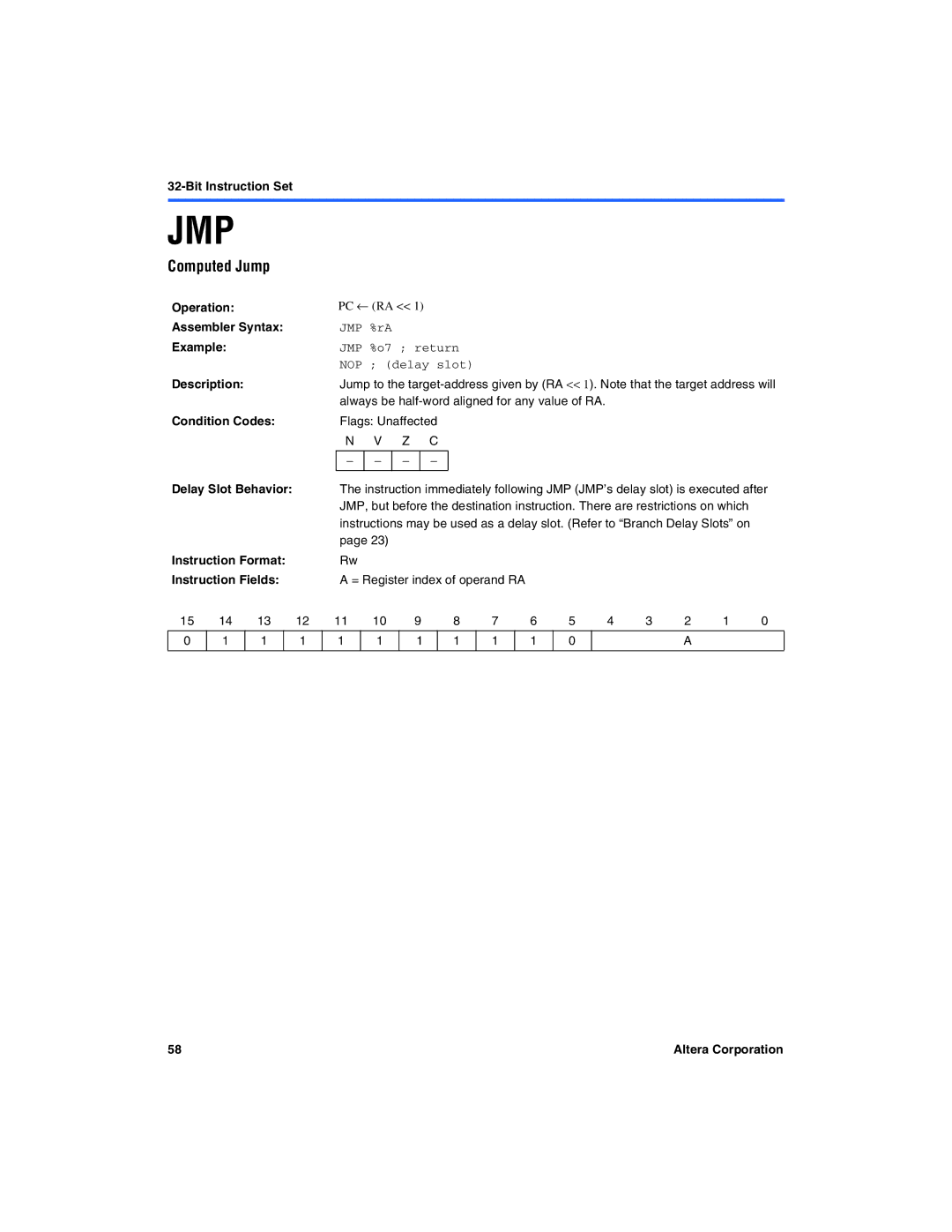 Excalibur electronic A-MNL-NIOSPROG-01.1 manual Jmp, Computed Jump, JMP %rA, JMP %o7 return 