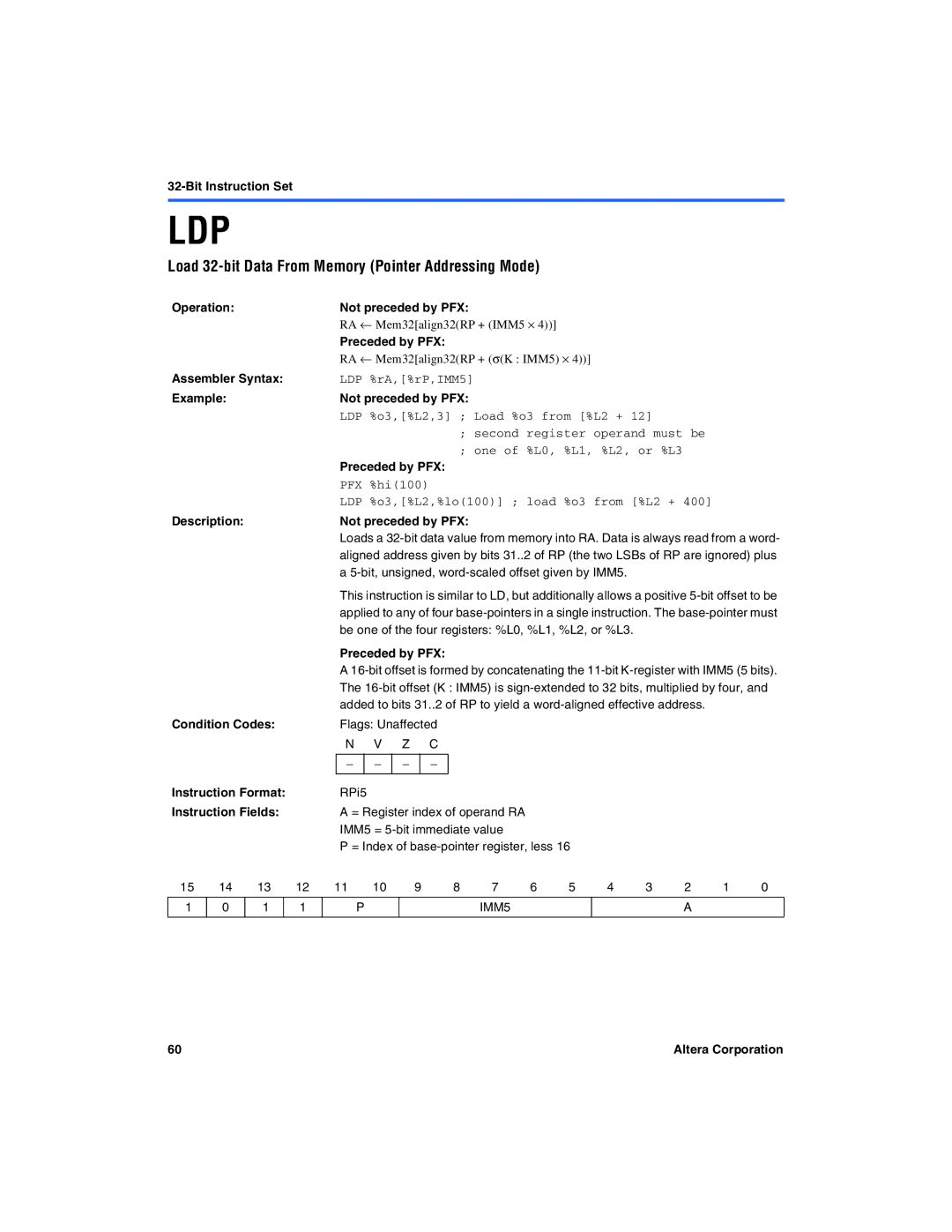 Excalibur electronic A-MNL-NIOSPROG-01.1 manual Ldp, Load 32-bit Data From Memory Pointer Addressing Mode 