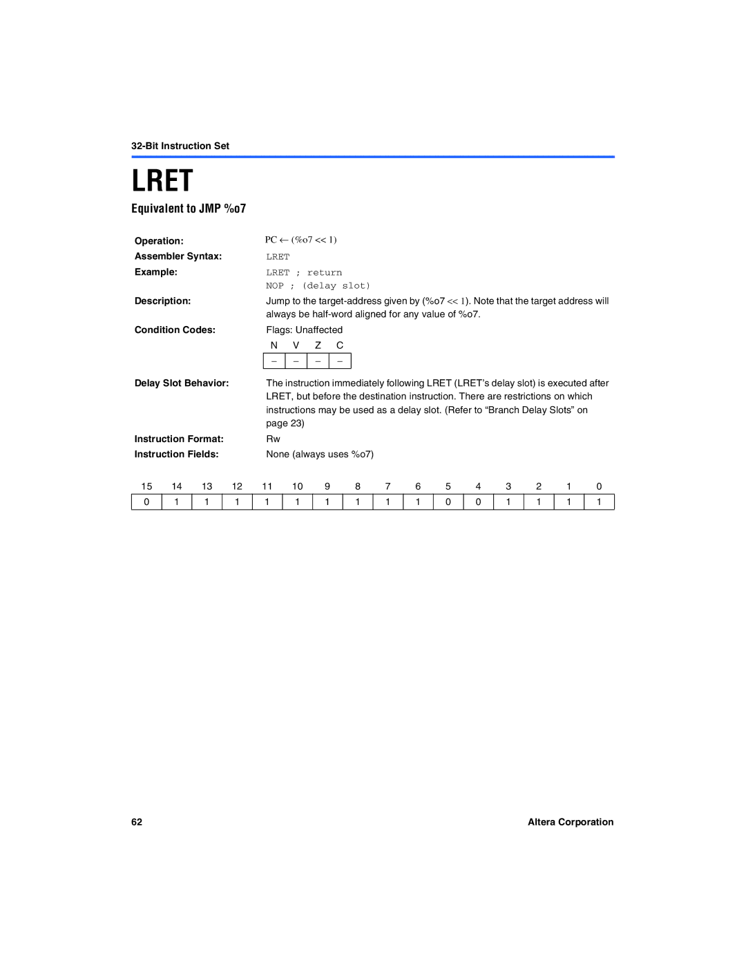 Excalibur electronic A-MNL-NIOSPROG-01.1 manual Equivalent to JMP %o7, Lret return 