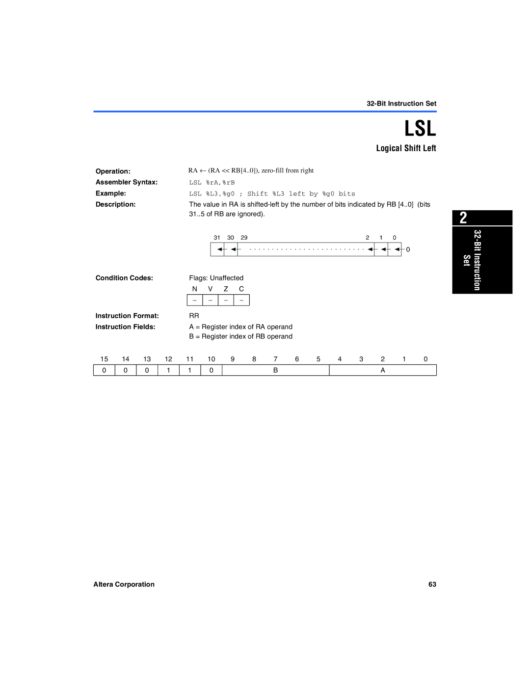 Excalibur electronic A-MNL-NIOSPROG-01.1 Lsl, Logical Shift Left, LSL %rA,%rB, LSL %L3,%g0 Shift %L3 left by %g0 bits 