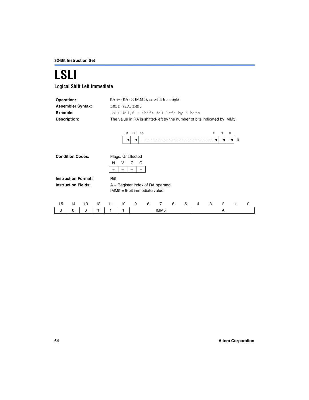 Excalibur electronic A-MNL-NIOSPROG-01.1 manual Lsli, Logical Shift Left Immediate 