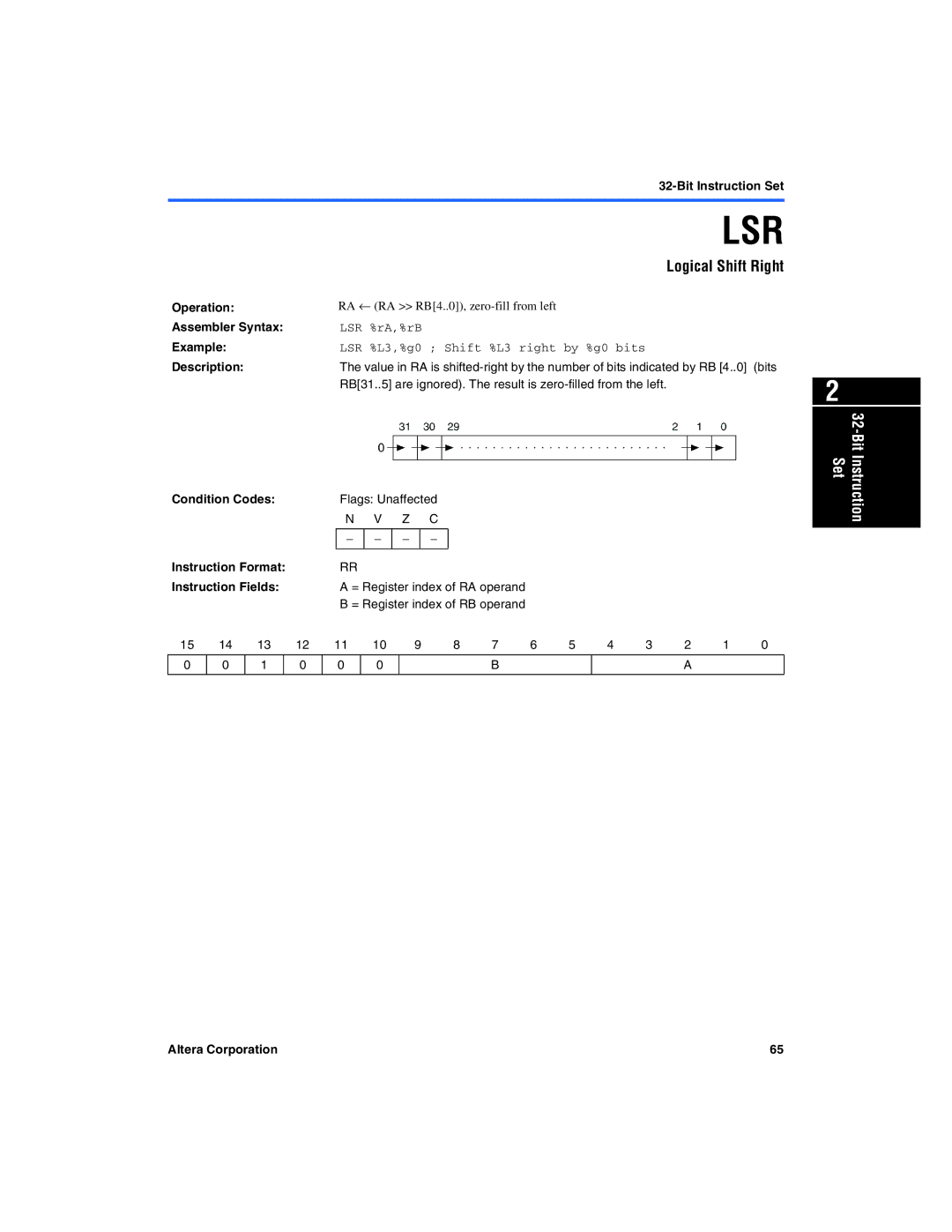 Excalibur electronic A-MNL-NIOSPROG-01.1 manual Lsr, Logical Shift Right 