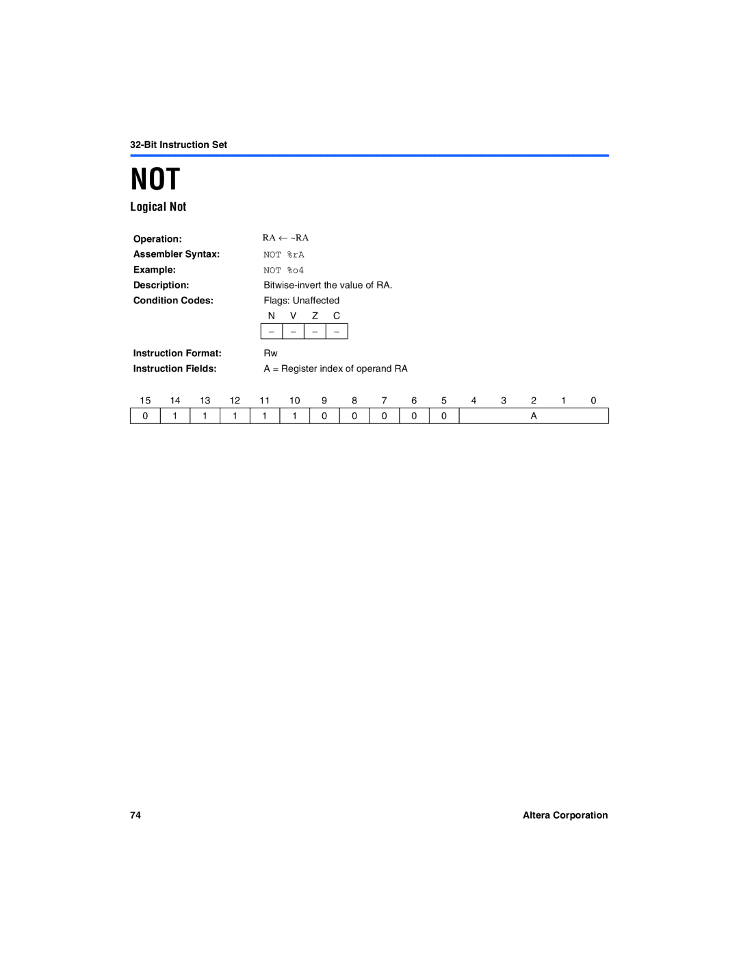 Excalibur electronic A-MNL-NIOSPROG-01.1 manual Logical Not, Not %rA, Not %o4 