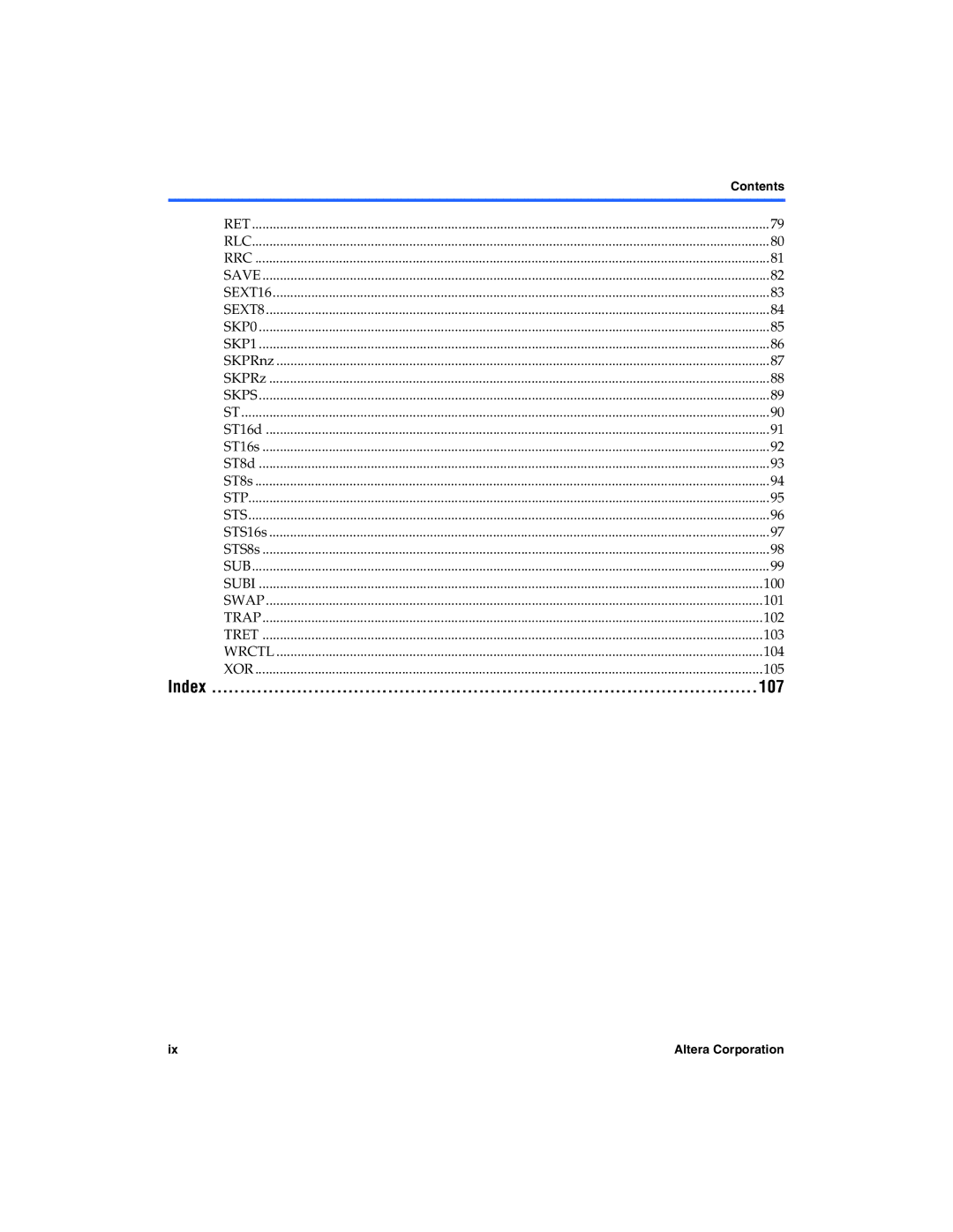 Excalibur electronic A-MNL-NIOSPROG-01.1 manual Index 107, Contents 