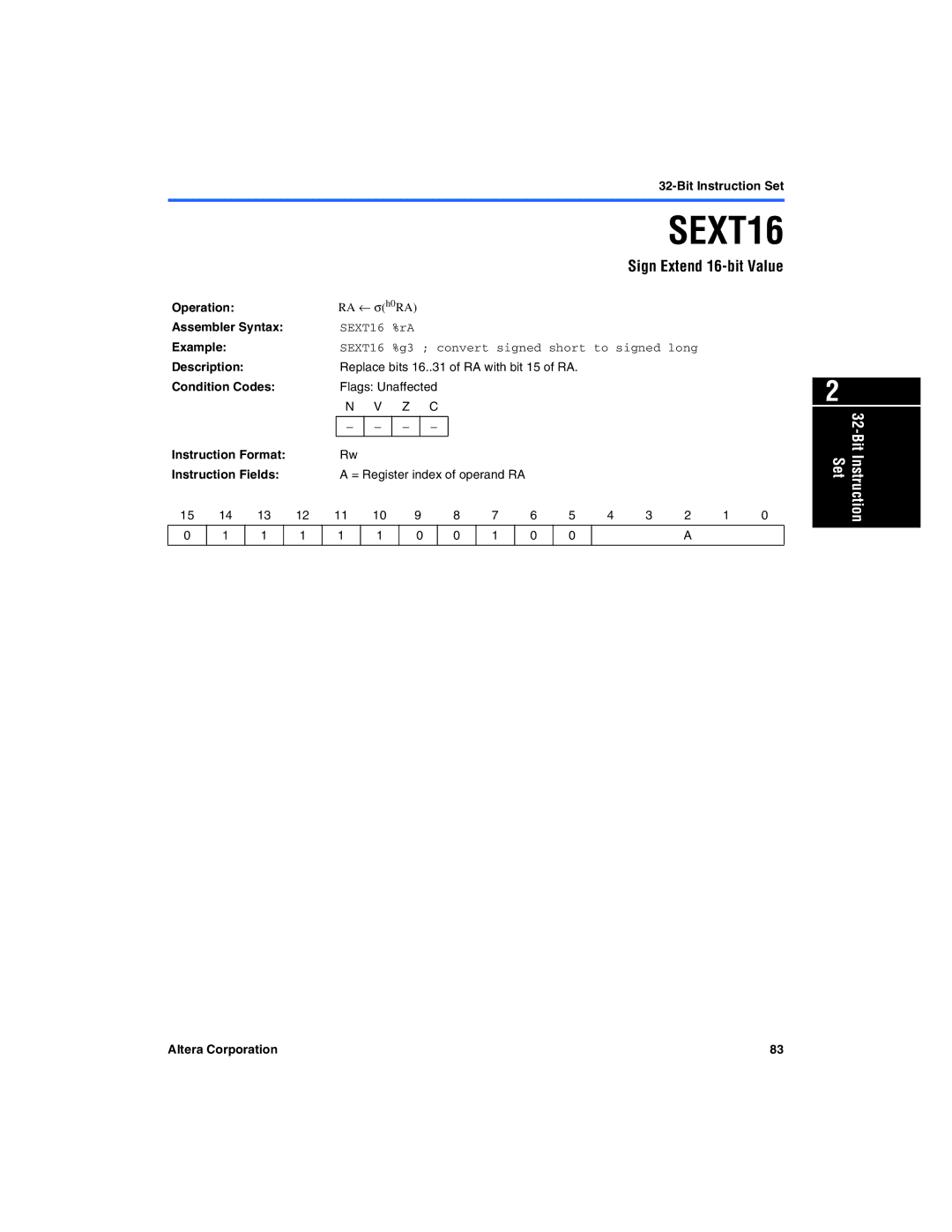 Excalibur electronic A-MNL-NIOSPROG-01.1 manual Sign Extend 16-bit Value, SEXT16 %rA 