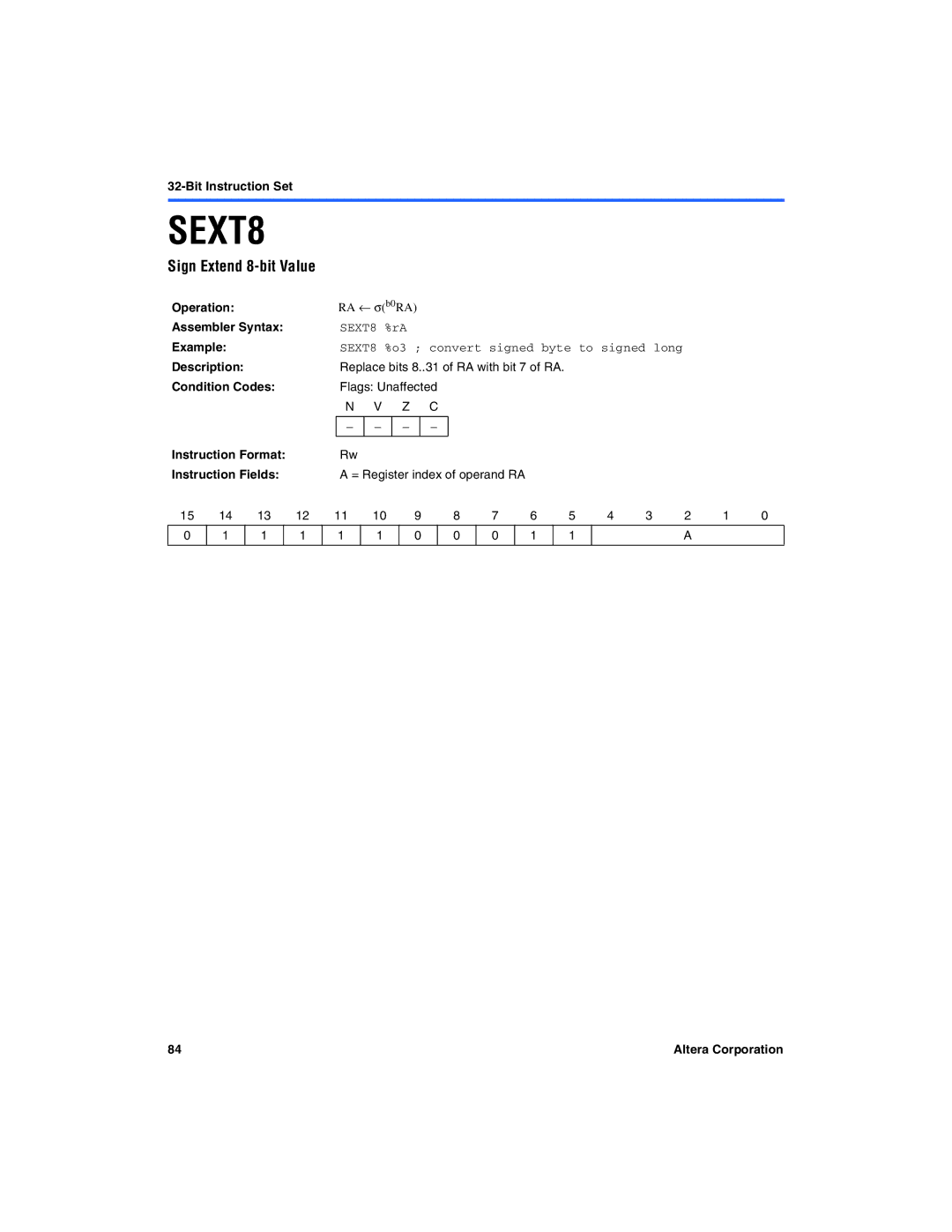 Excalibur electronic A-MNL-NIOSPROG-01.1 manual Sign Extend 8-bit Value, SEXT8 %rA 