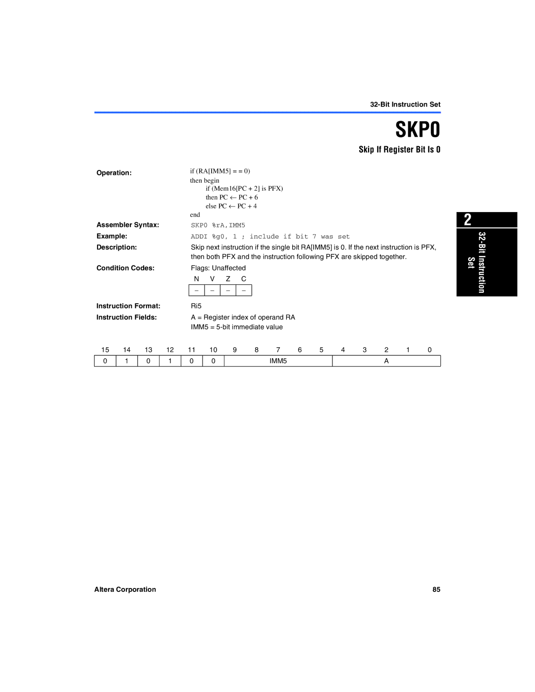 Excalibur electronic A-MNL-NIOSPROG-01.1 manual SKP0, Skip If Register Bit Is 