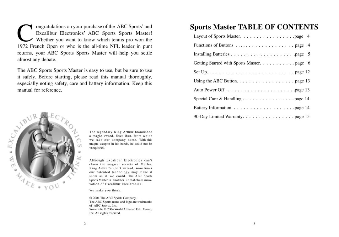 Excalibur electronic A04 manual Sports Master Table of Contents 