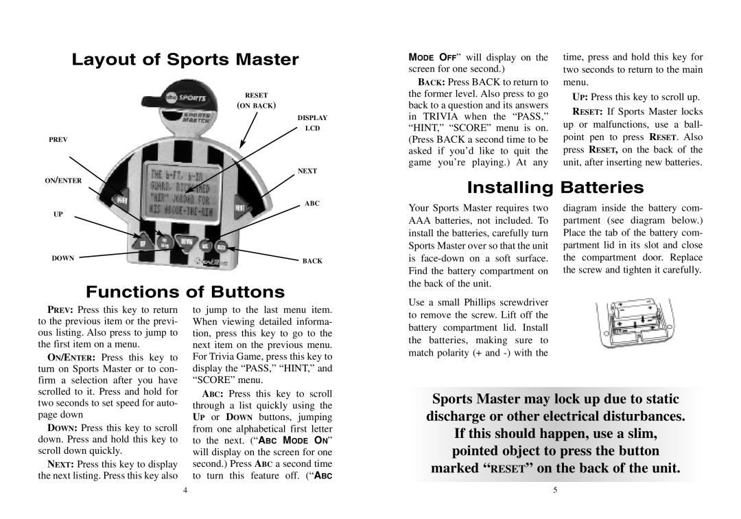 Excalibur electronic A04 manual Installing Batteries 