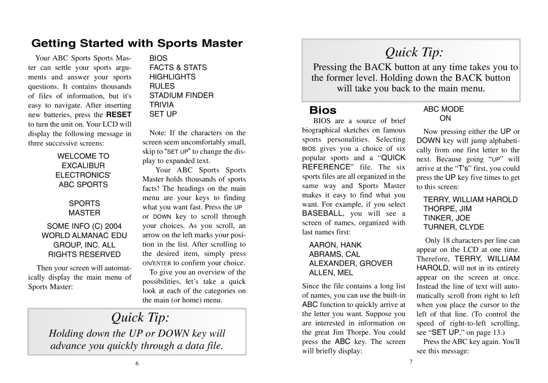 Excalibur electronic A04 manual Getting Started with Sports Master, Bios 