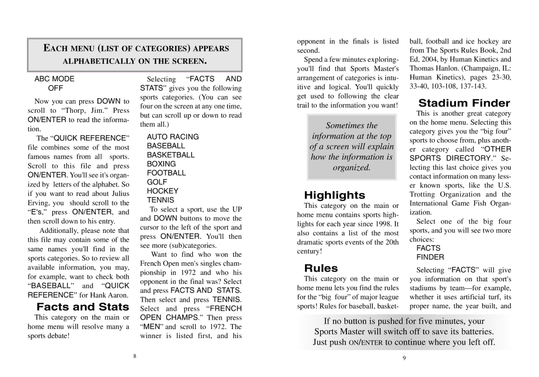 Excalibur electronic A04 manual Stadium Finder, Highlights, Facts and Stats, Rules 