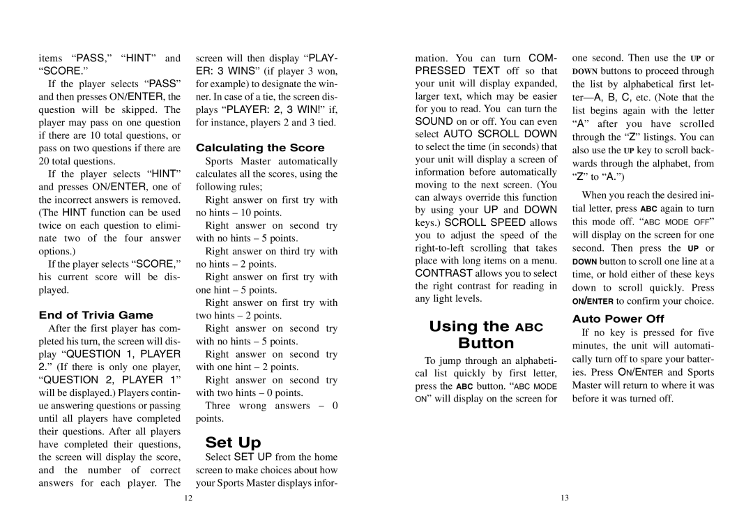 Excalibur electronic A04 manual Set Up, Using the ABC Button, Score, Question 2, Player 