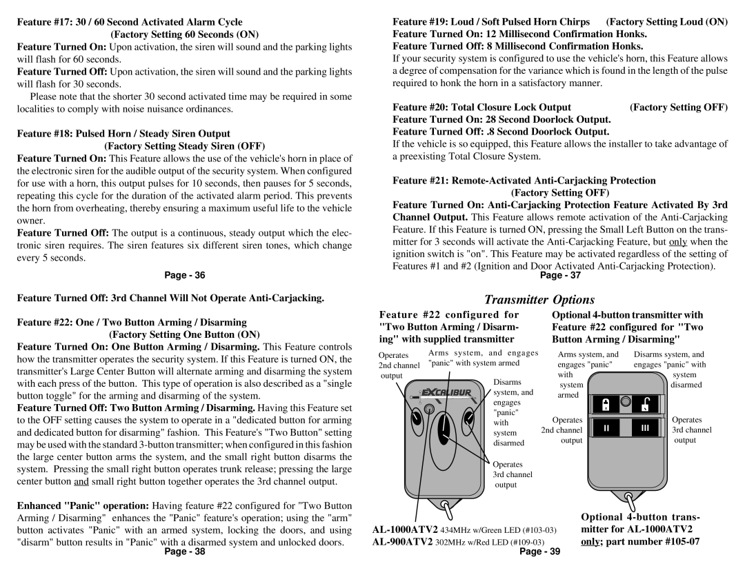 Excalibur electronic AL-900ATV2, AL-1000ATV2 owner manual Transmitter Options 