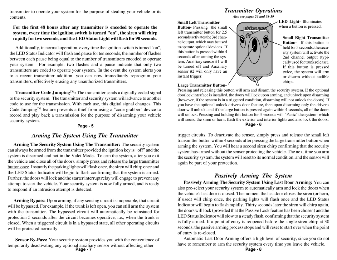 Excalibur electronic AL-900ATV2, AL-1000ATV2 owner manual Transmitter Operations, Arming The System Using The Transmitter 